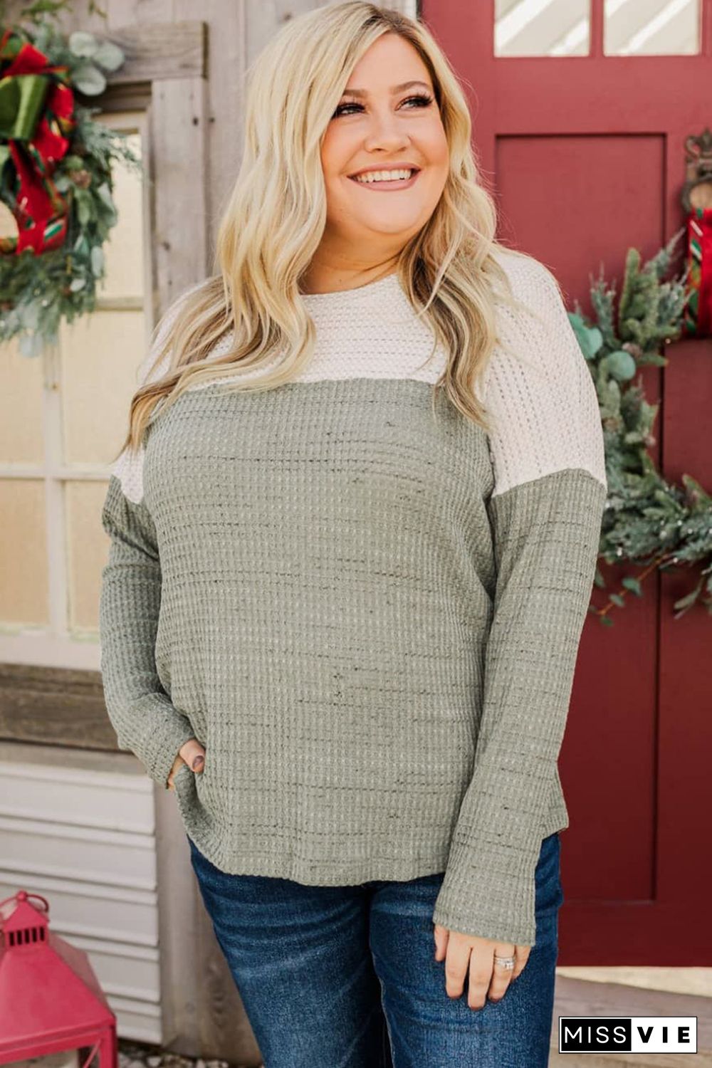 Green Plus Size Colorblock Knit Long Sleeve Top