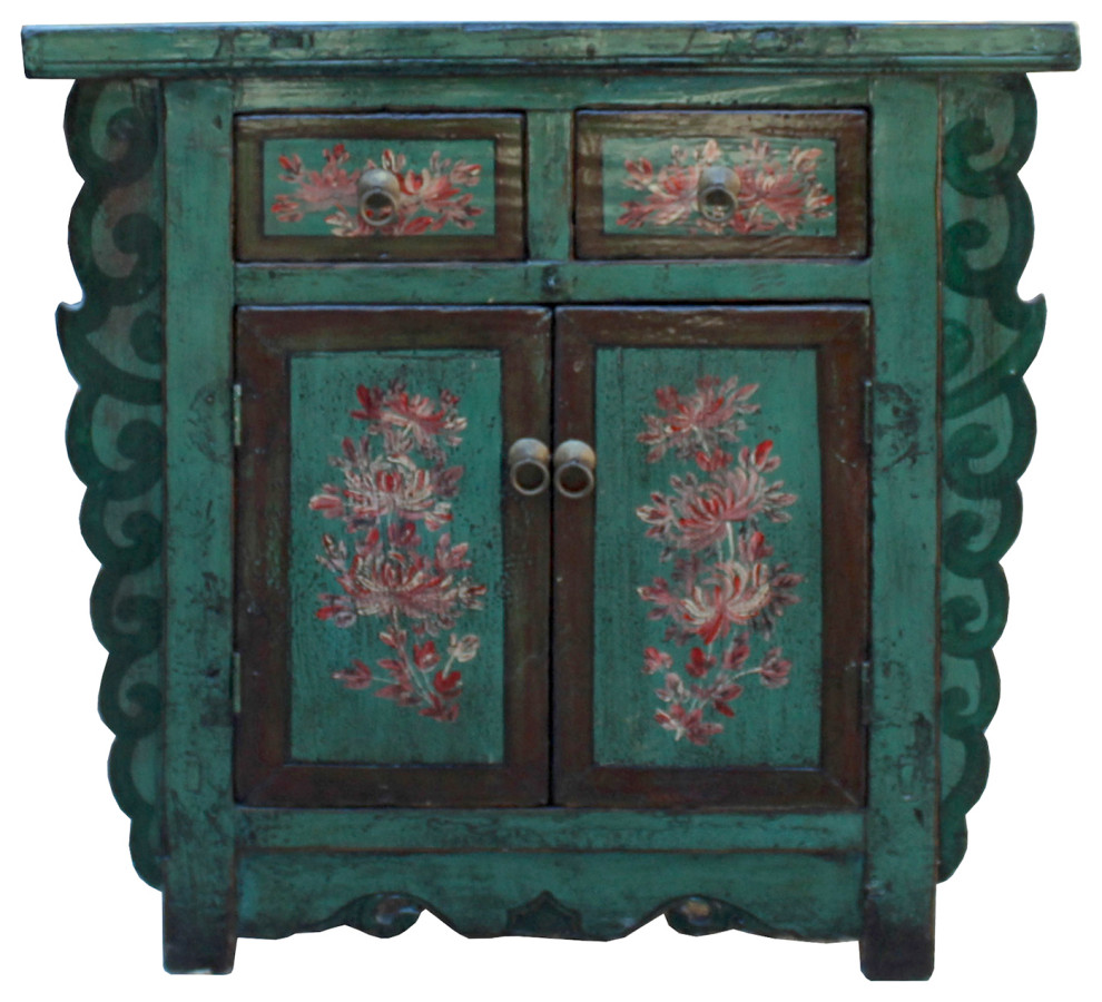 Chinese Distressed Green  ampBrown Flower Graphic Table Cabinet Hcs5948   Asian   Accent Chests And Cabinets   by Golden Lotus Antiques  Houzz