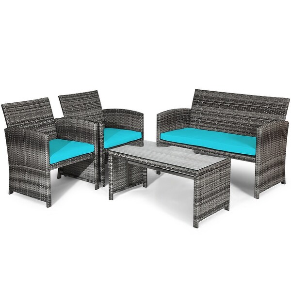 Gymax 4PCS Patio Outdoor Rattan Conversation Furniture Set w/