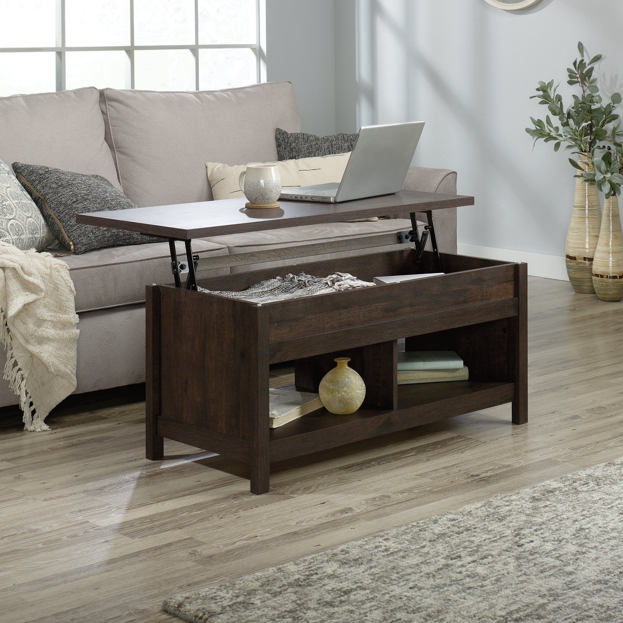 Sauder Cannery Bridge Lift Top Coffee Table with Storage and Shelf, Coffee Oak Finish