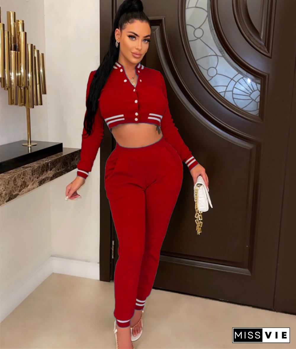 Fall Baseball Jacket Crop Tops Casual Sweat Pant Suits