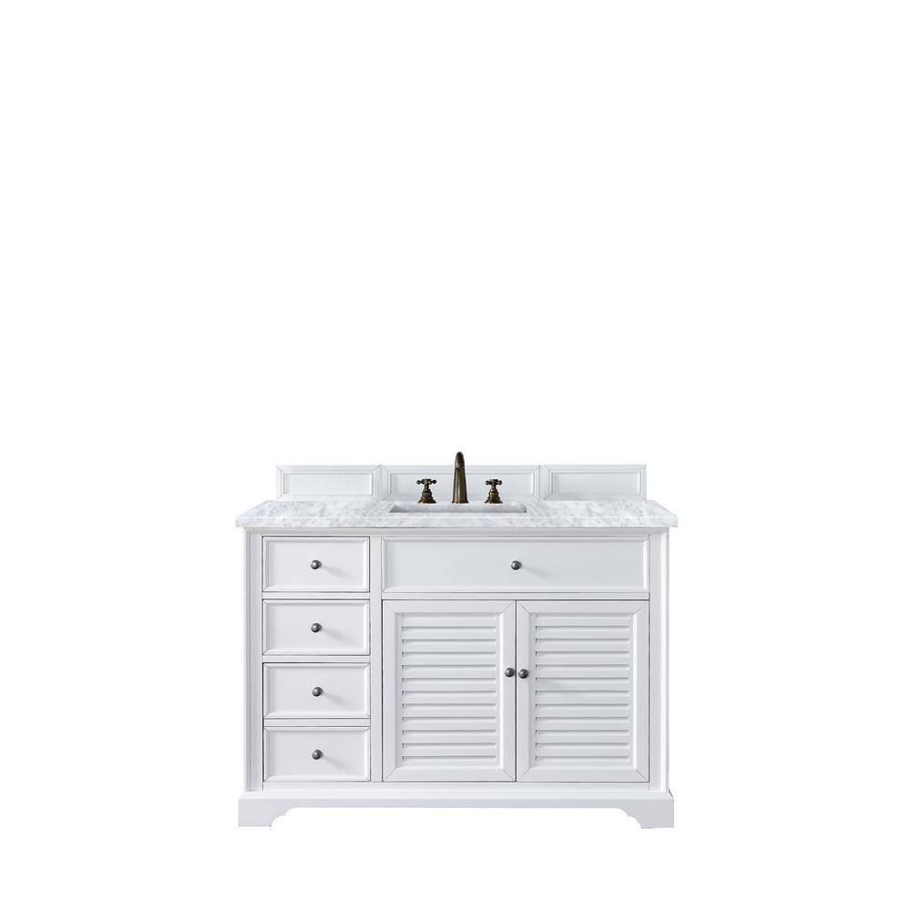 James Martin Vanities Savannah 48 in. W x 23.5 in.D x 34.3 in.H. Single Vanity in Bright White with Marble Top in Carrara White 238-104-V48-BW-3CAR