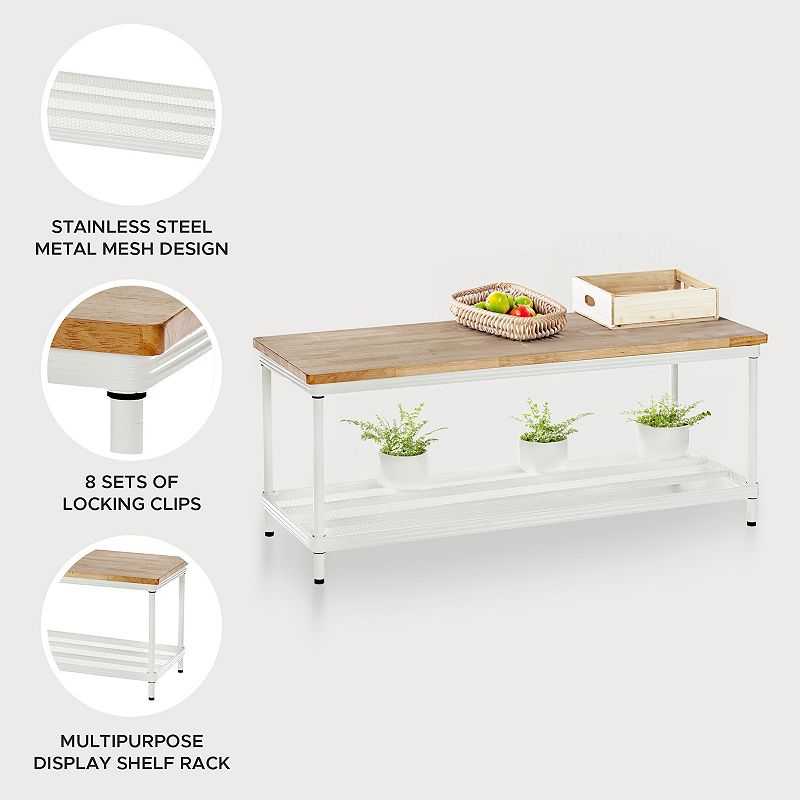 Design Ideas Meshworks 2 Tier Wood Top Metal Storage Shelving Unit Rack， White