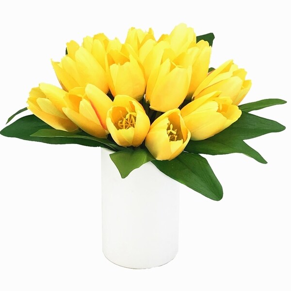 Enova Home 18 Heads Artificial Silk Tulips Fake Flowers Centerpieces in White Ceramic Vase for Home Decoration Wedding Party