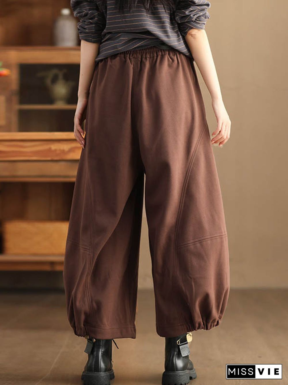 High Waisted Loose Drawstring Elasticity Pleated Solid Color Pants Trousers