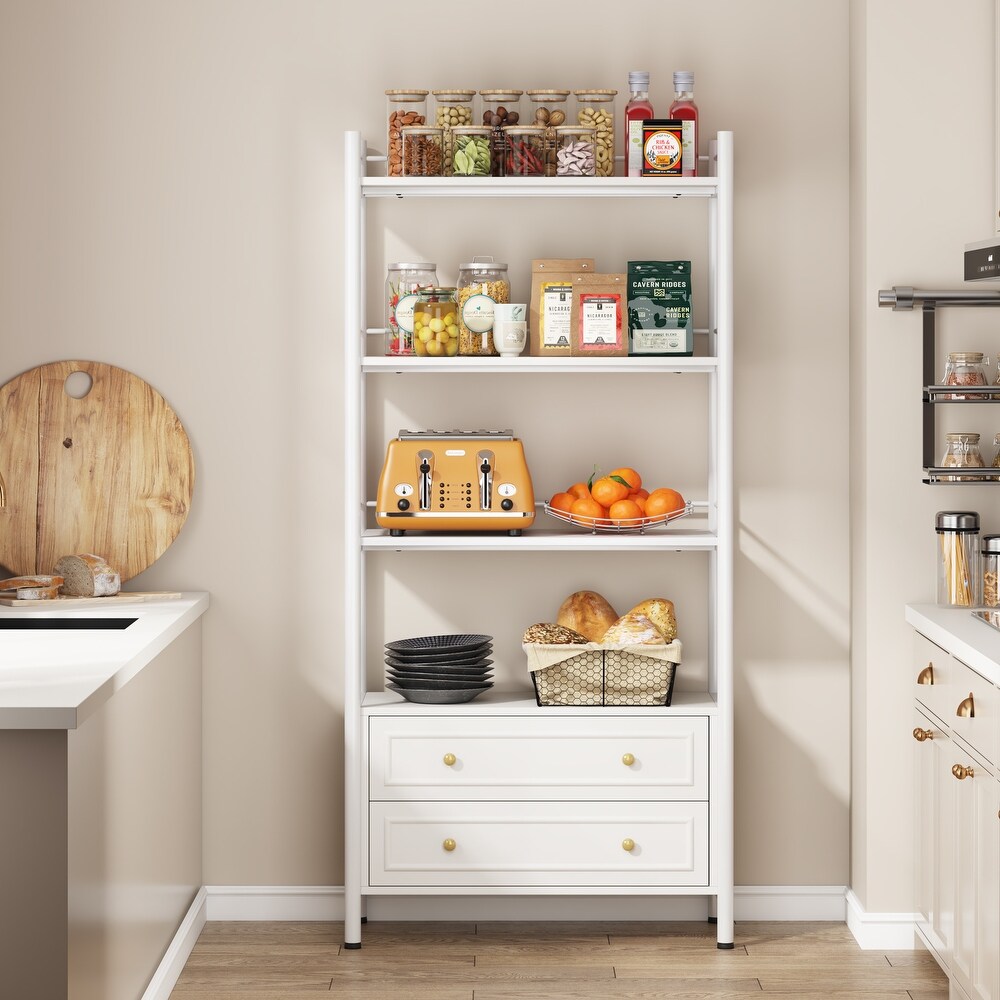 4 Tier White Bookshelf with 2 Drawers  Tall Bookcase with 4 Open Shelf for Small Place