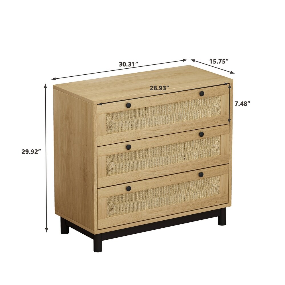 3 Drawers Storage Cabinet  Rattan Rope Woven Drawer Sideboard for Bedroom Living Room  Oak