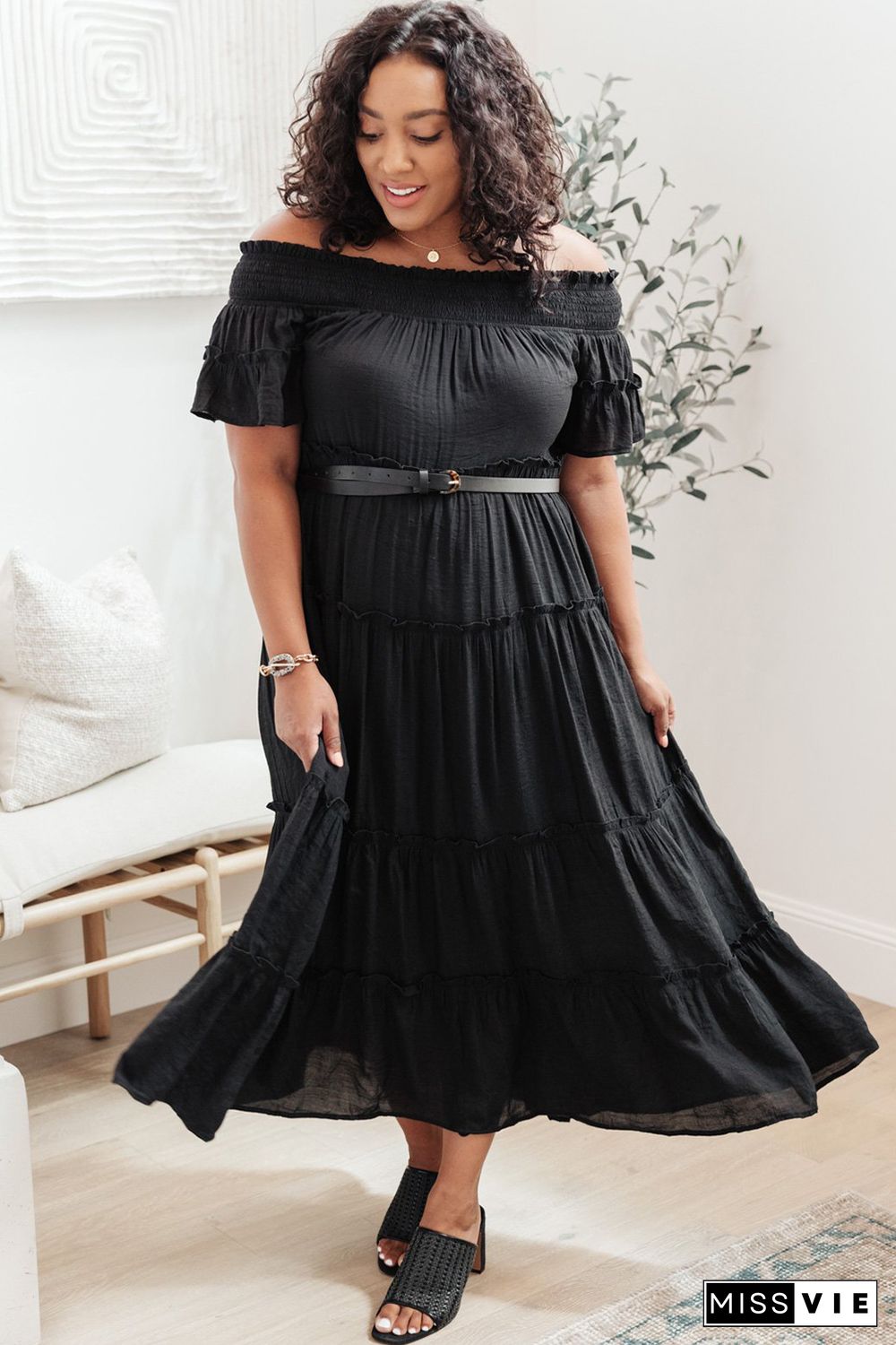 Black Plus Size Smocked Off Shoulder Frill Tiered Maxi Dress