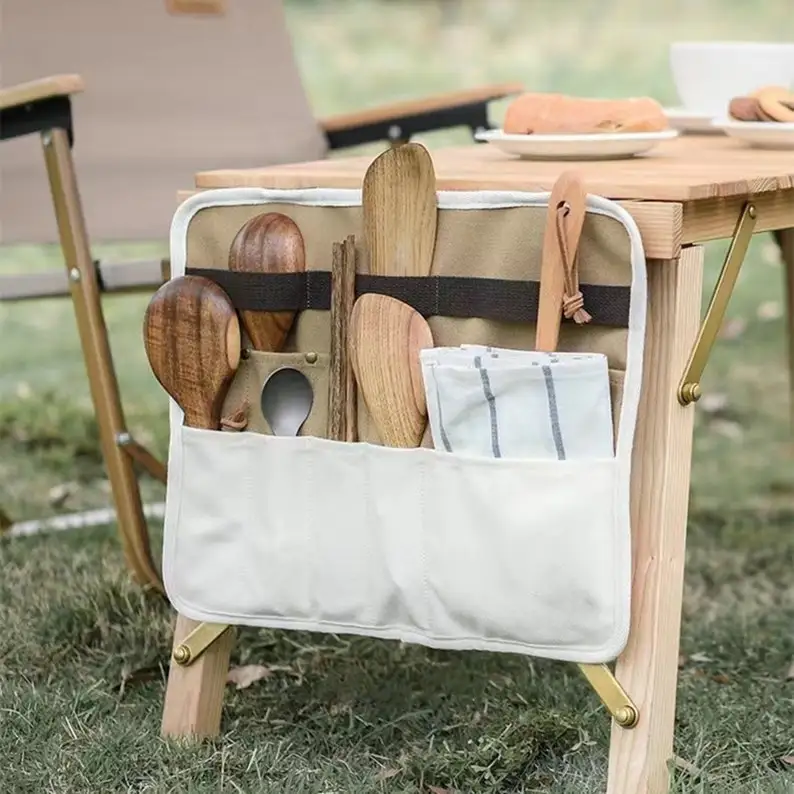 Outdoor Picnic Cutlery Tableware Storage Bag Portable Canvas Camping Utensil Roll Flatware Bags Organizer Camping Tableware Bag