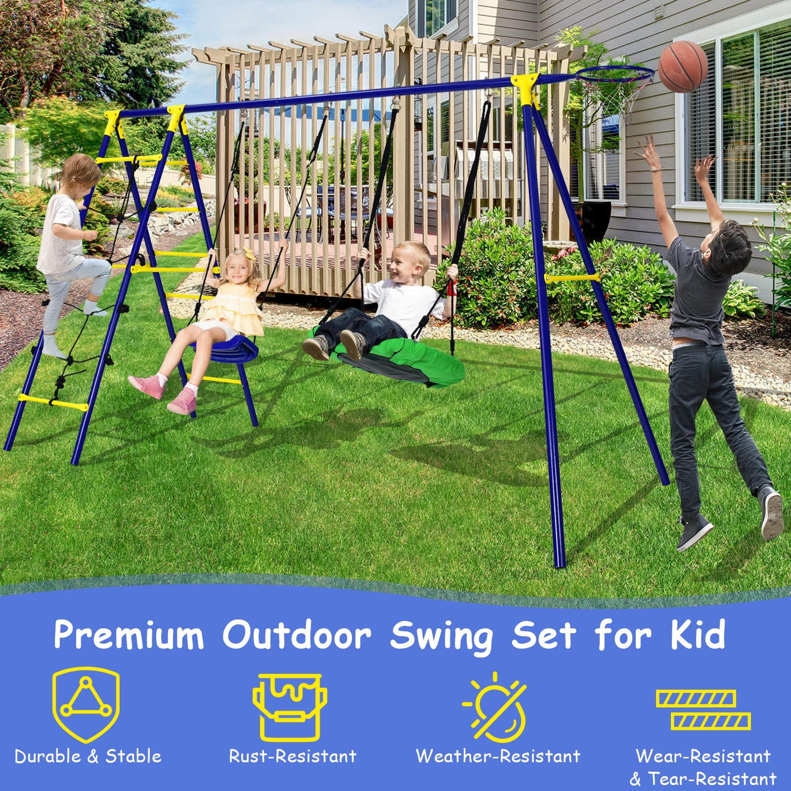 Costzon 550lbs Swing Sets for Backyard with Climbing Ladder/Net (5-in-1 Swing Set)