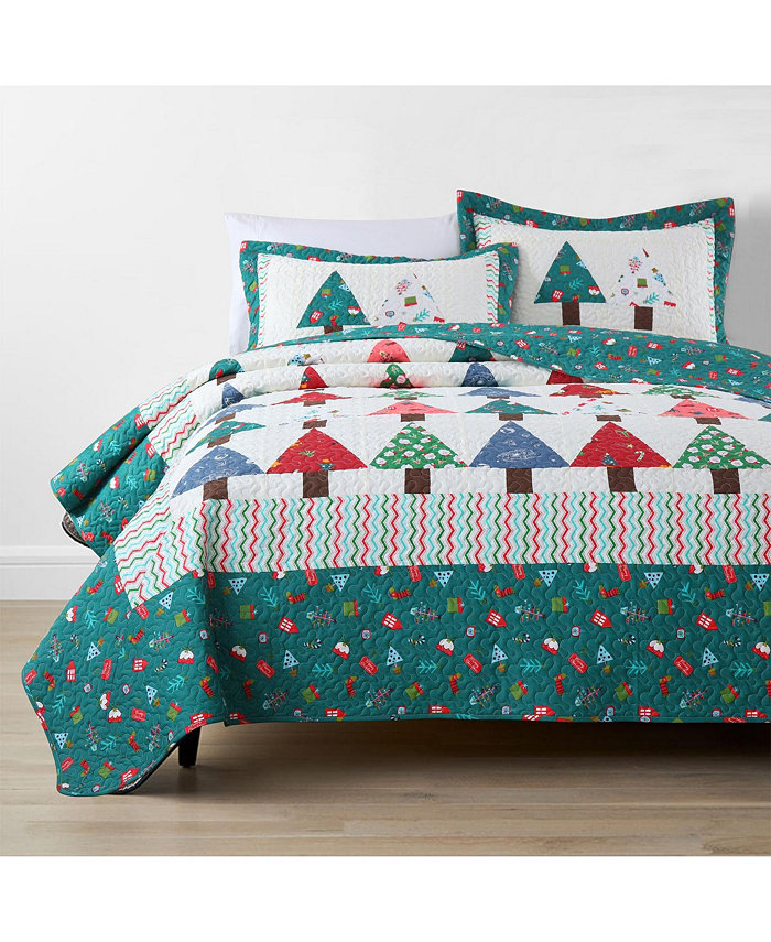 MarCielo 3Pcs Handcrafted Christmas Patchwork Cotton Vintage Like Style Holiday Bedspread Set - Queen