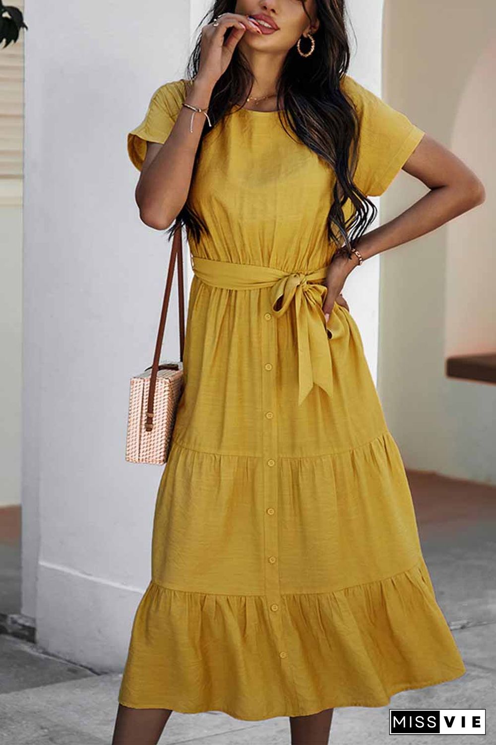 Pure Color Simple Restraint Waist Midi Dress