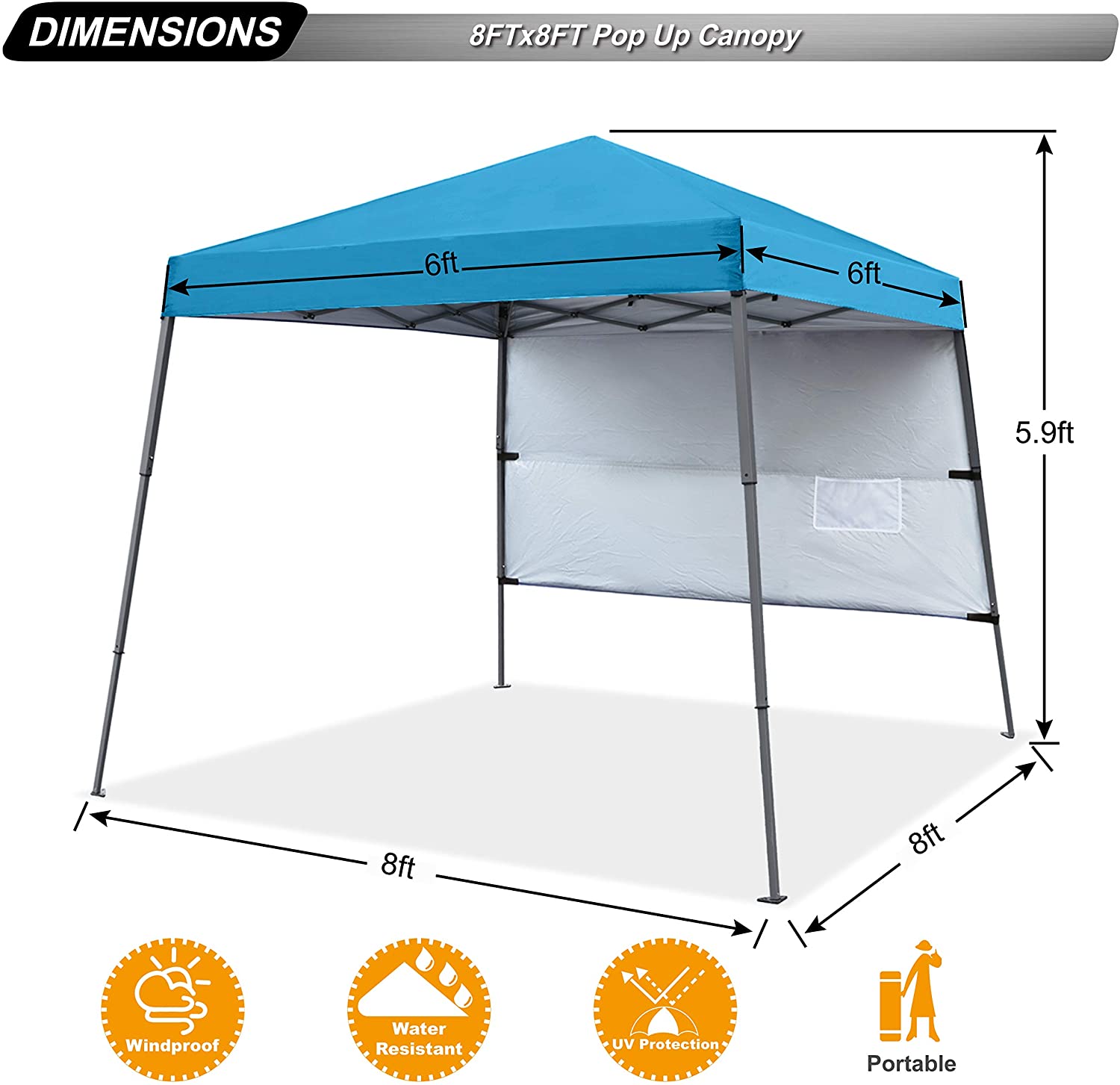 ABCCANOPY 8 ft x 8 ft Outdoor Pop up Slant Leg Canopy Tent with 1 Sun Wall and 1 Backpack Bag - Sky Blue