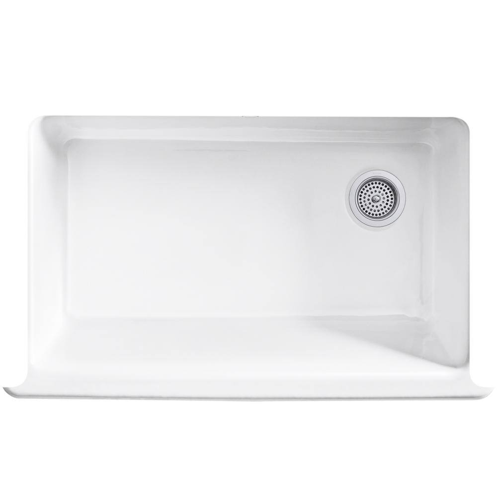 KOHLER Whitehaven Farmhouse Apron Front Cast Iron Self-Trimming 36 in. Single Basin Kitchen Sink in White with Basin Racks K-6488-0-6639-ST