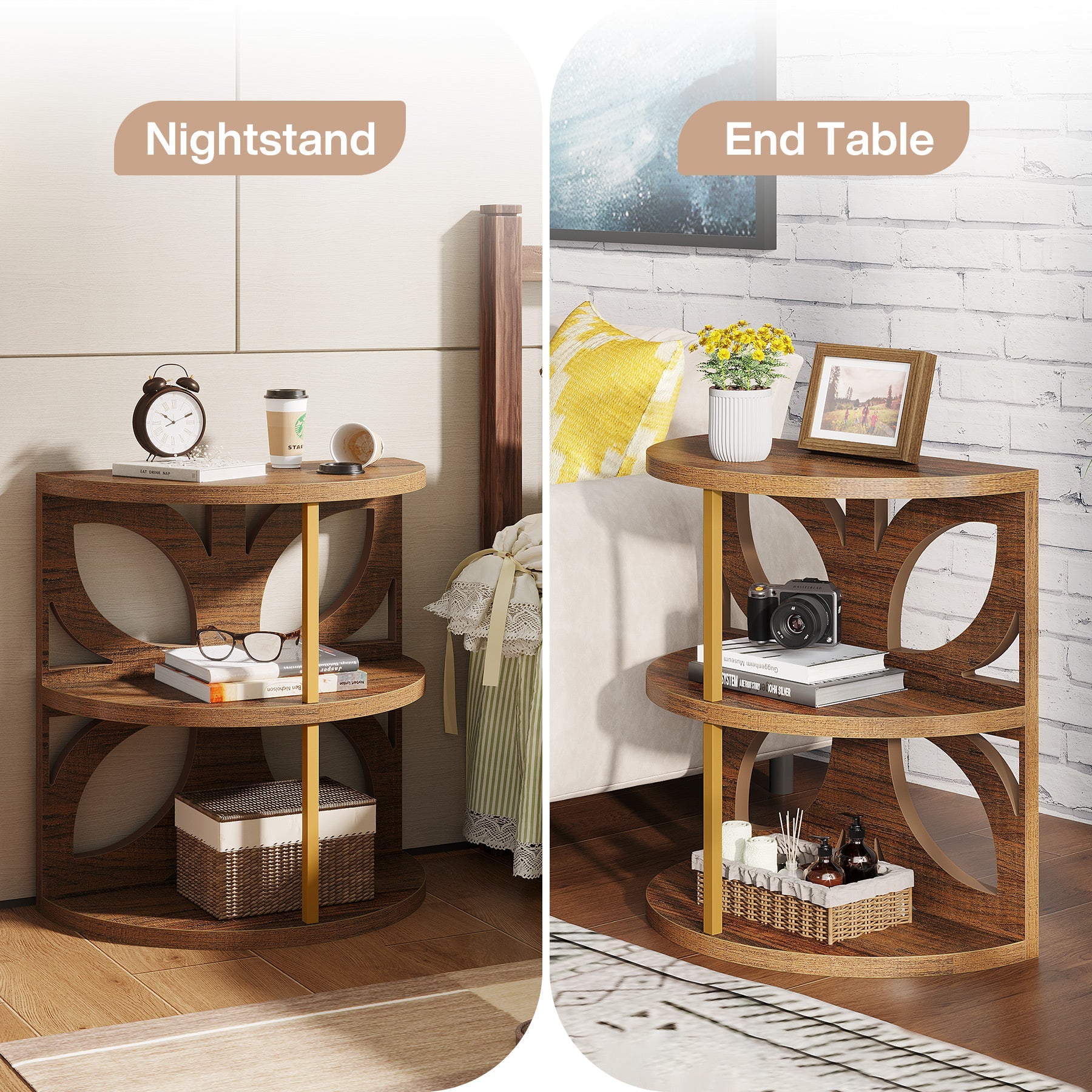 Half Round End Table, Narrow Side Table Nightstand with 3 Storage Shelf