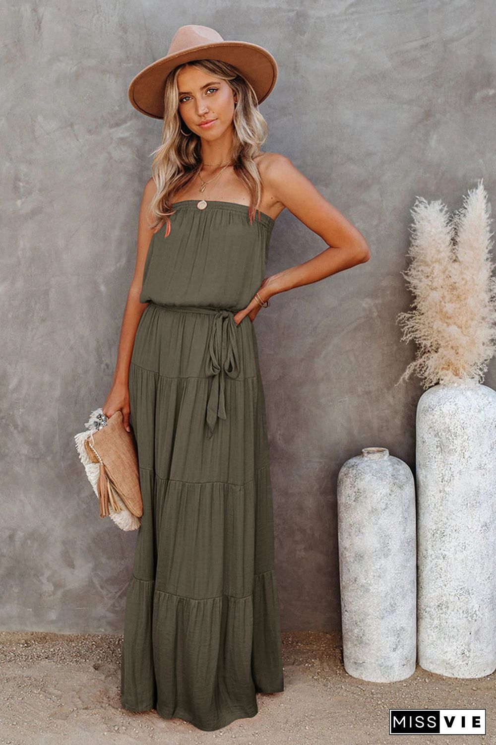 Strapless Tie Waist Splicing Maxi Dress