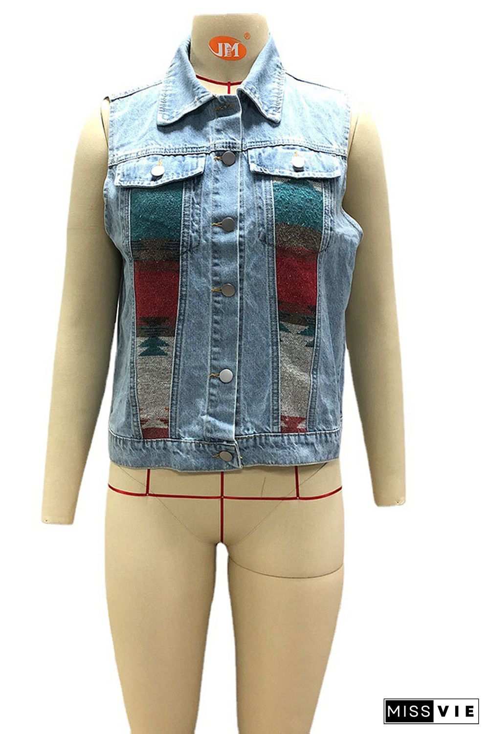 Aztec Print Patchwork Sleeveless Denim Jacket Wholesale