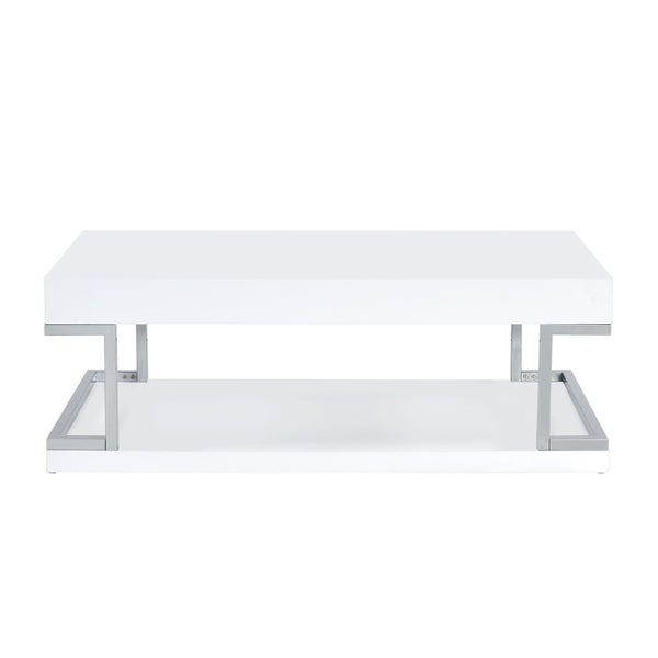 High Gloss Contemporary Coffee Table with Bottom Shelf， White and Silver