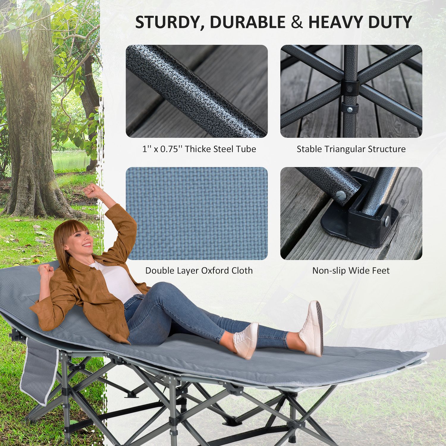 Outsunny Folding Camping Cot for Adults with Mattress and Pillow， Double Layer Oxford Heavy Duty Sleeping Cots with Carry Bag， Portable Travel Camp Cots for Indoor Outdoor， Grey