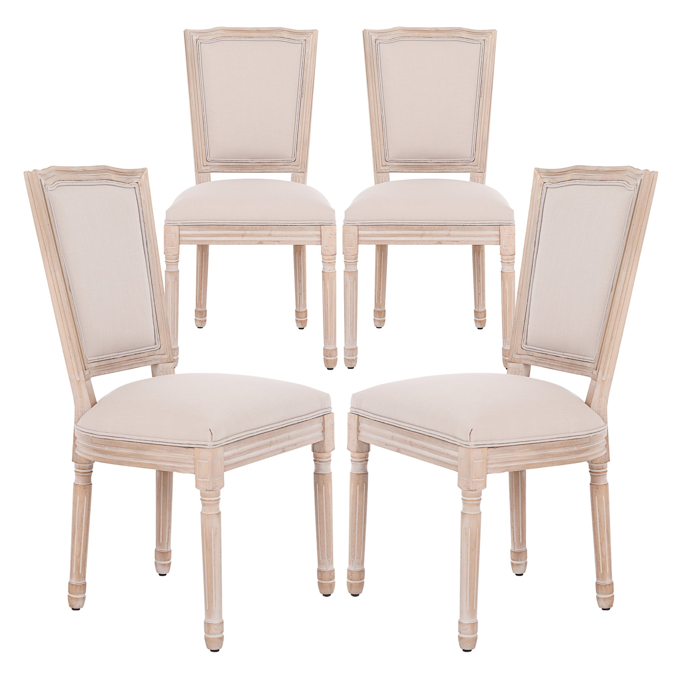 French Vintage Dining Chairs Set of 4， Mid Century Upholstered Fabric Chair in Beige