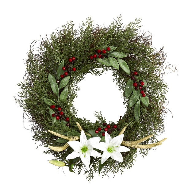 Nearly Natural 20 Cedar Antlers Lily And Ruscus With Berries Artificial Wreath