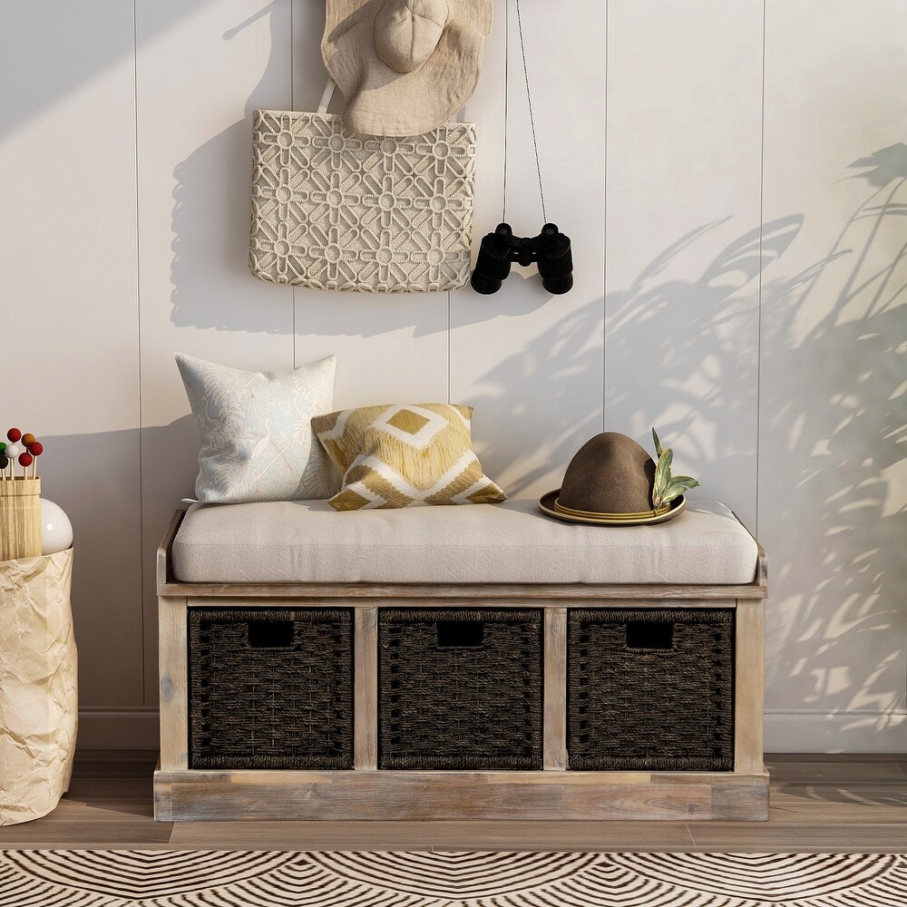 Rustic Bench with 3 Removable Classic Rattan Basket Storage Bench