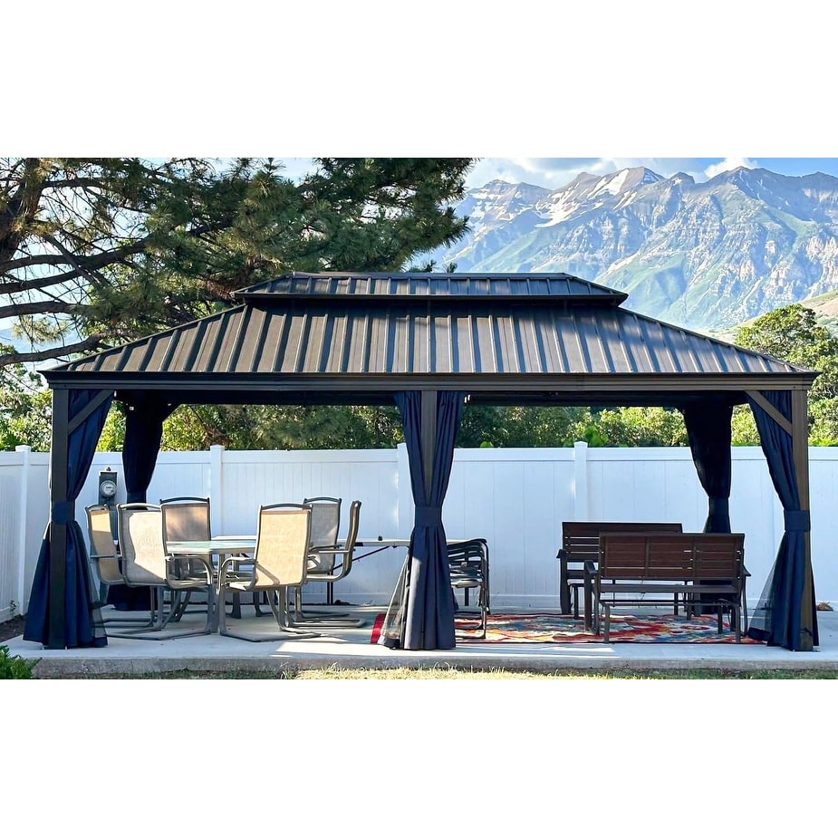 PURPLE LEAF Hardtop Aluminum Gazebo with Curtains and Netting  Double Roof Patio Gazebo