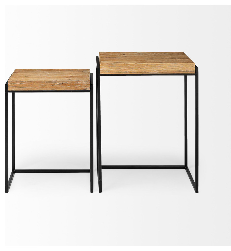 Karissa Light Brown Solid Wood w/ Black Metal Base Square Nesting Accent Tables   Industrial   Coffee Table Sets   by Mercana  Houzz