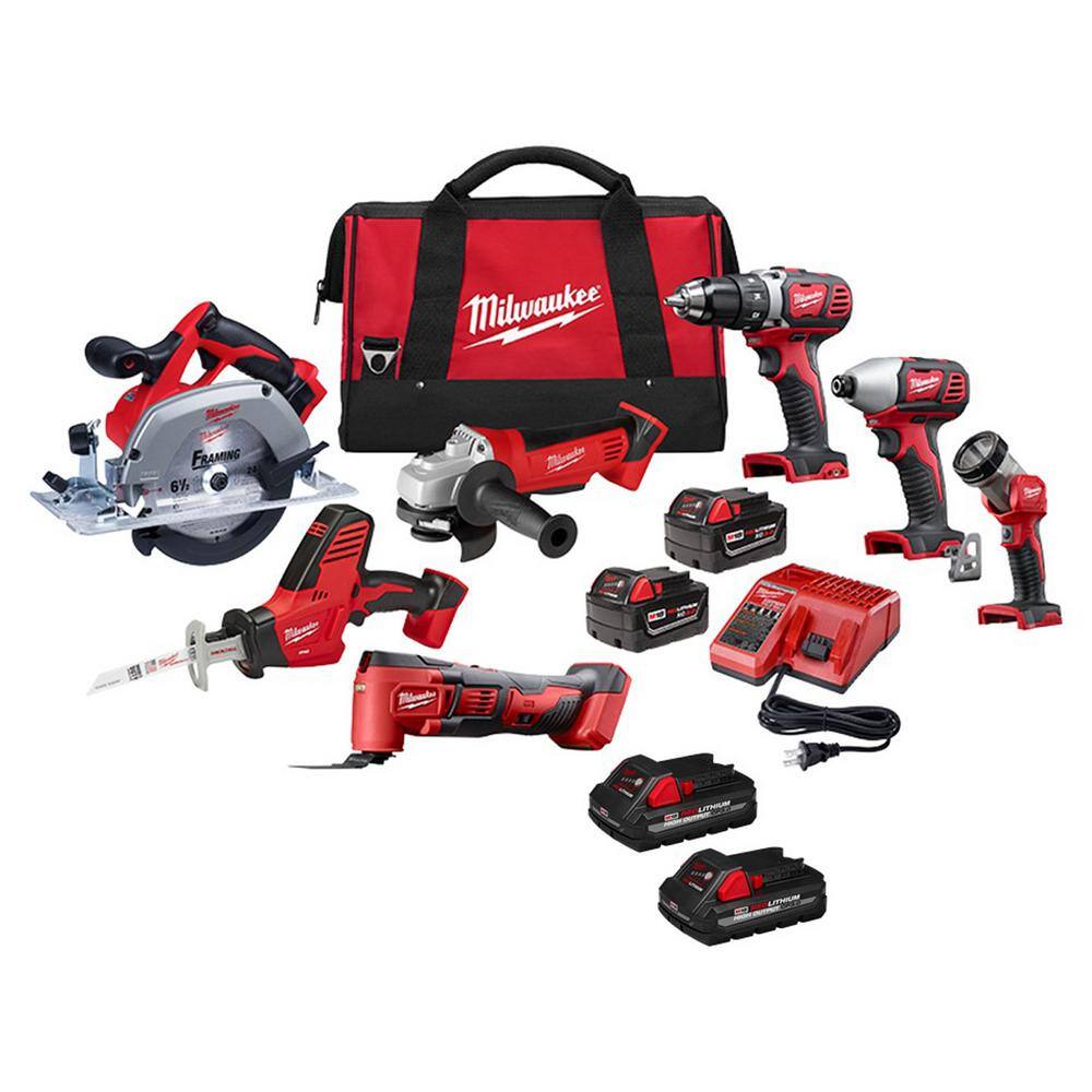 MW M18 18V Lithium-Ion Cordless Combo Tool Kit (7-Tool) with (4) 3.0 Ah Batteries Charger and Tool Bag 2695-27S-48-11-1837