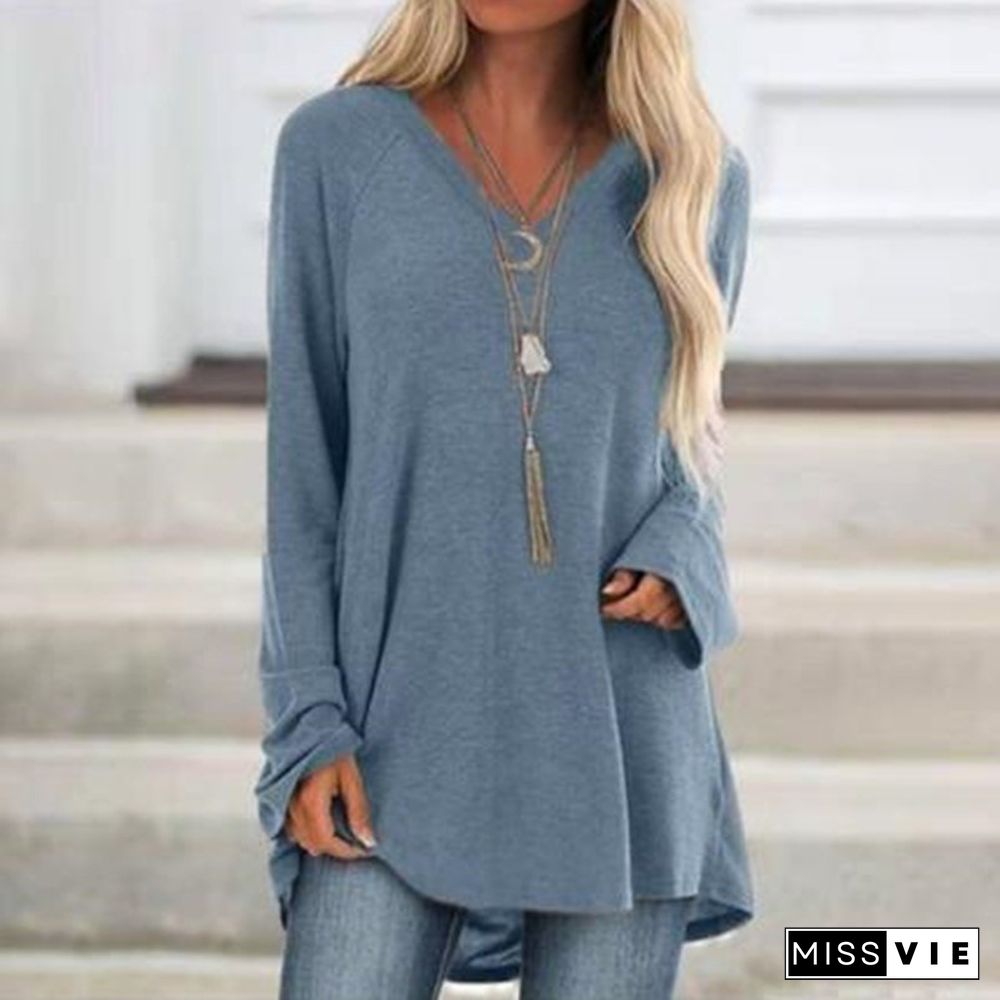 Women's Plain Long Sleeves Loose T-shirt Solid Color V Neck Pullover Tops Autumn Spring Fashion T-shirt Casual Tee