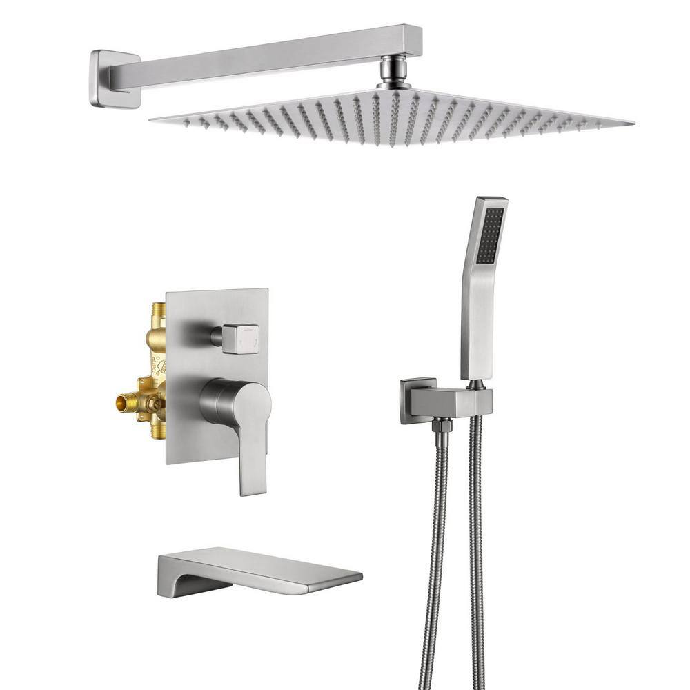 Satico Single-Handle 1-Spray Tub and Shower Faucet with Handheld Shower 12 in. Shower Head in Brushed Nickel (Valve Included) SS88004DA