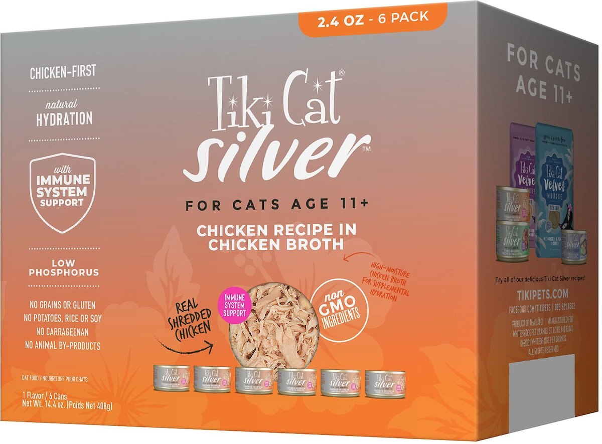 Tiki Cat Silver Chicken Recipe in Chicken Broth Senior Wet Cat Food， 2.4-oz can， case of 6