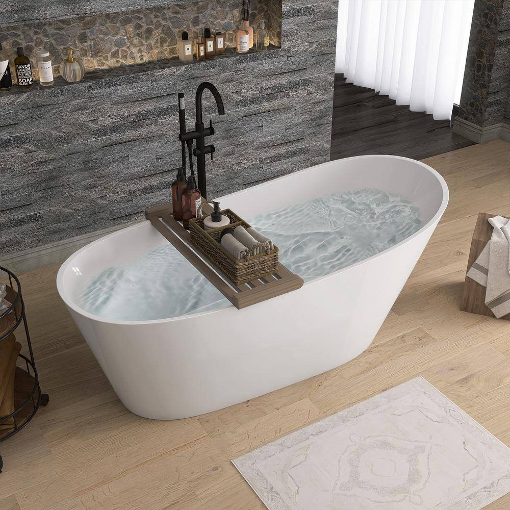 Zeafive 59 in. x 29.15 in. Acrylic Alone Soaking Tub Flatbottom Freestanding Bathtub with Anti-Clogging Drain in Glossy White Z32E9S59W