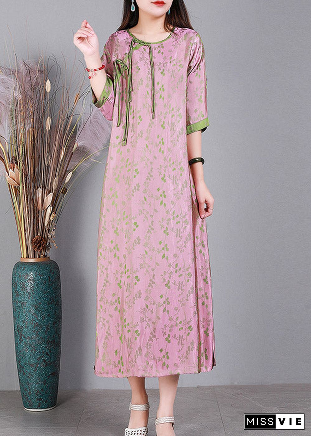 Jacquard Pink O-Neck Print Button Silk Long Dress Half Sleeve