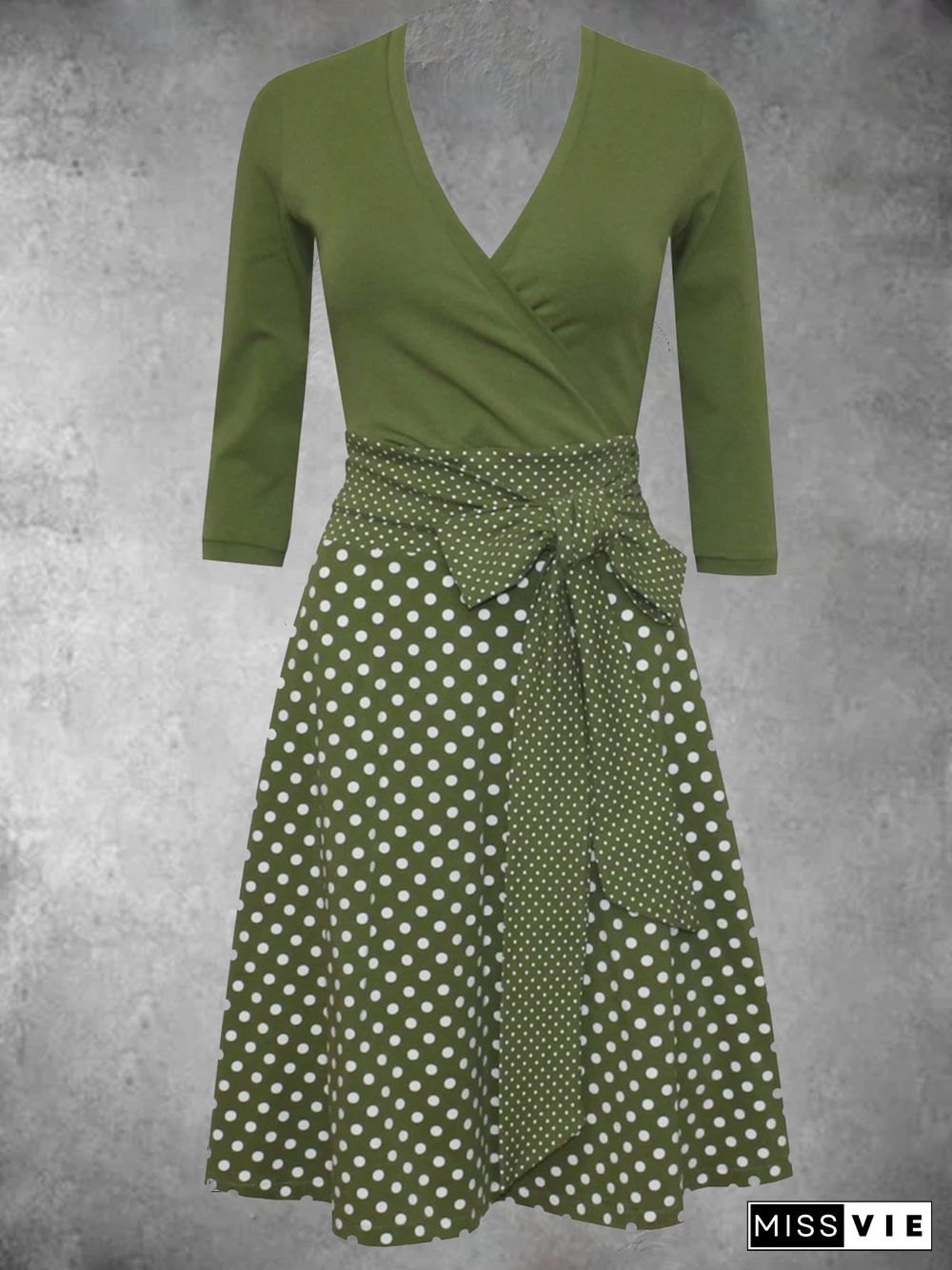V Neck Polka Dots 3/4 Sleeve Casual Knitting Dress