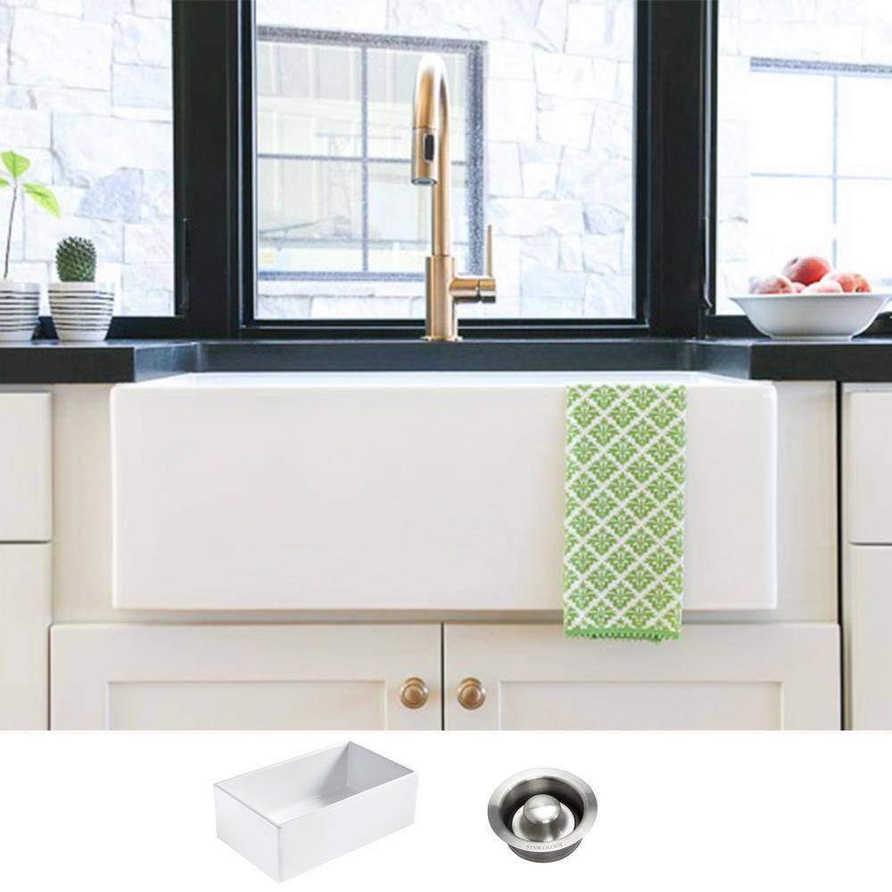 SINKOLOGY Bradstreet II Farmhouse Fireclay 30 in. Single Bowl Kitchen Sink in Crisp White with Disposal Drain SK499-30FC-D