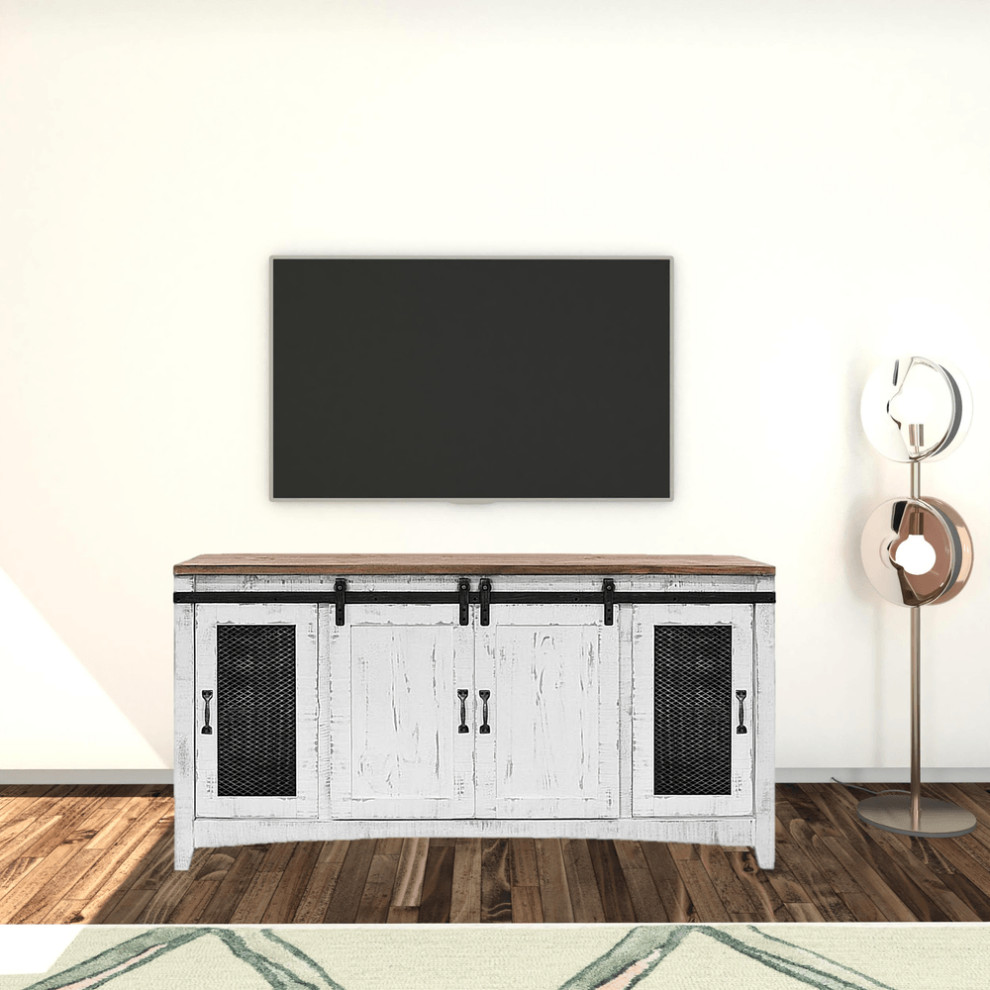 68 quotWhite Solid Wood Cabinet Enclosed Storage Distressed TV Stand   Farmhouse   Entertainment Centers And Tv Stands   by HomeRoots  Houzz