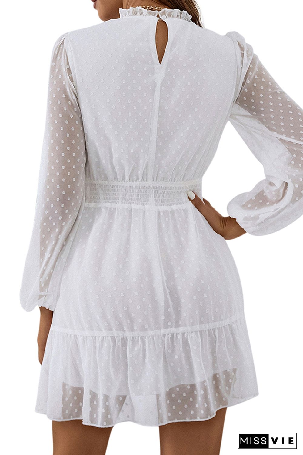 White Swiss Dot Smocked Long Sleeves Mini Dress