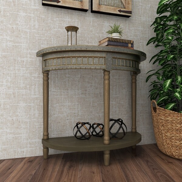 Beige Wood and Iron Metal Half Moon Farmhouse Console Table