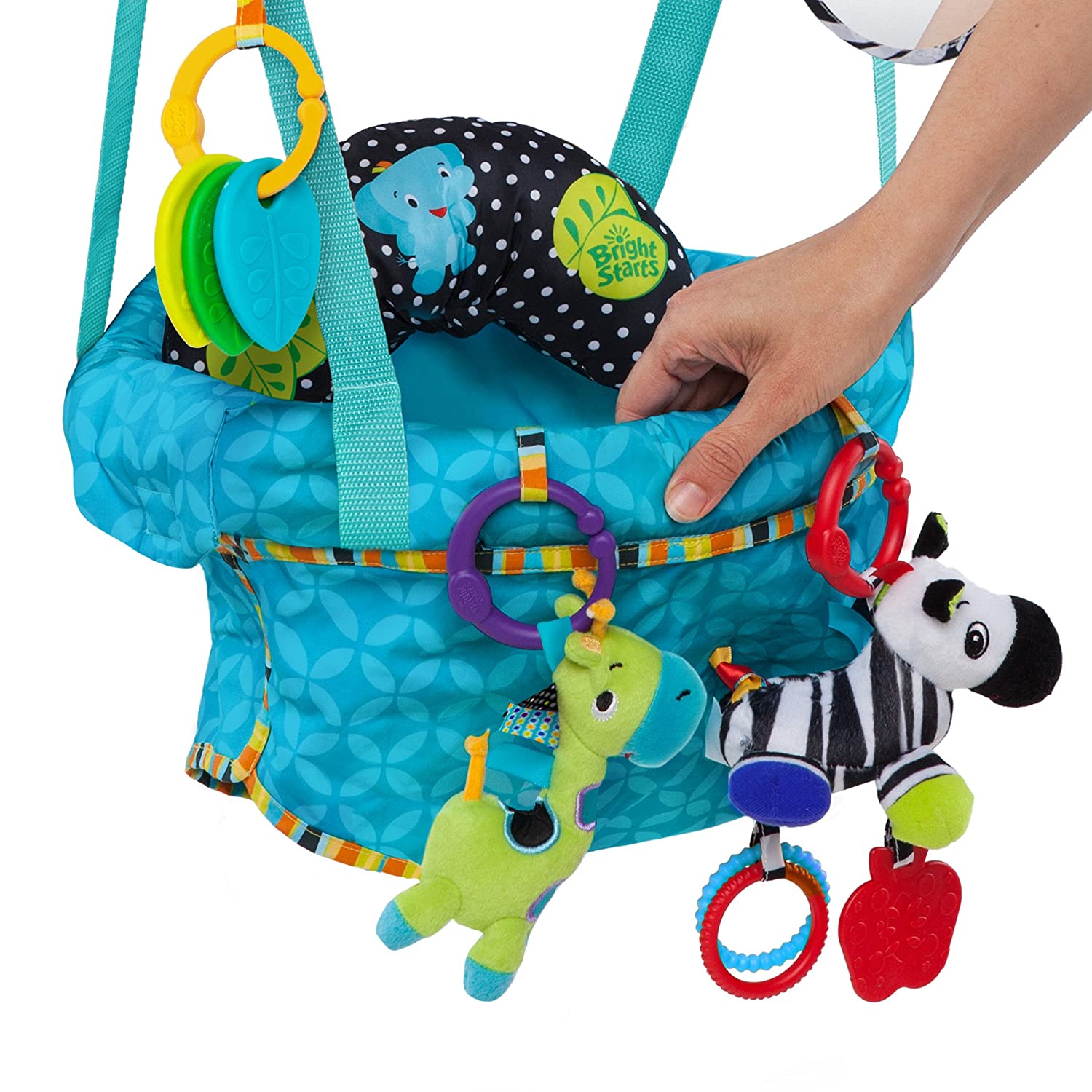 Bright Starts Bounce 'N Spring Deluxe Door Jumper with Take-Along Toys， Ages 6 months +， Blue