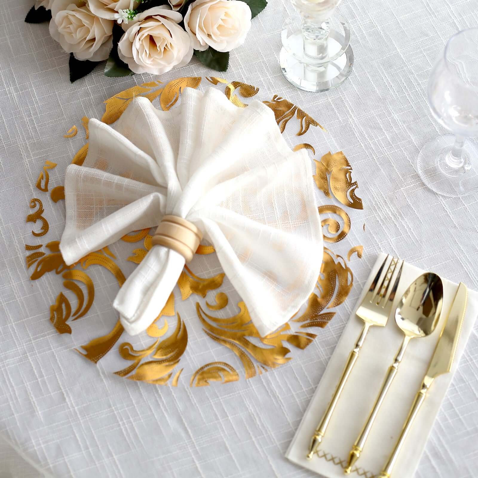 10 Pack Metallic Gold Sheer Organza Round Placemats with Swirl Foil Floral Design, 13