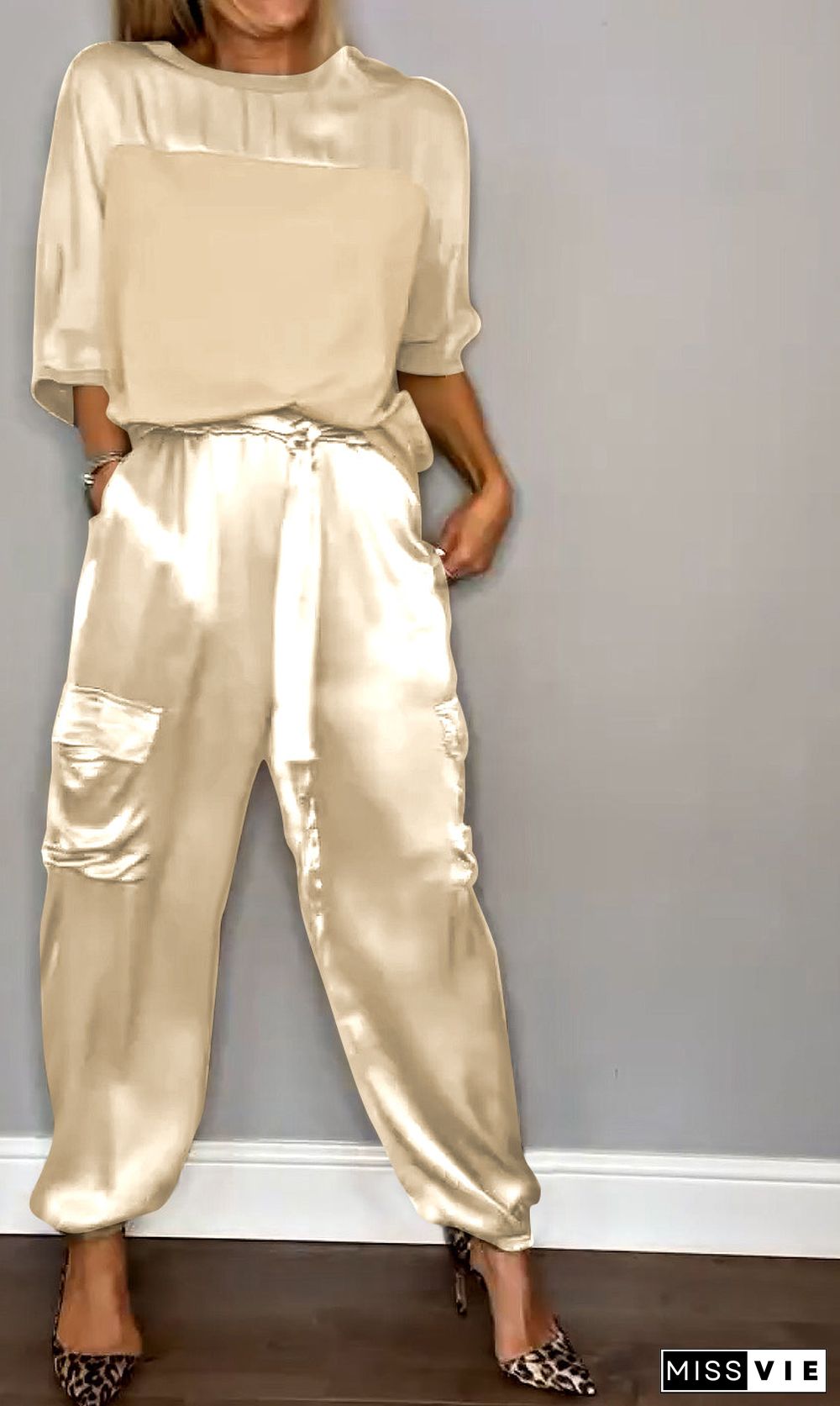 Women's Smooth Satin Half-sleeved Top and Pant Suit Two-piece