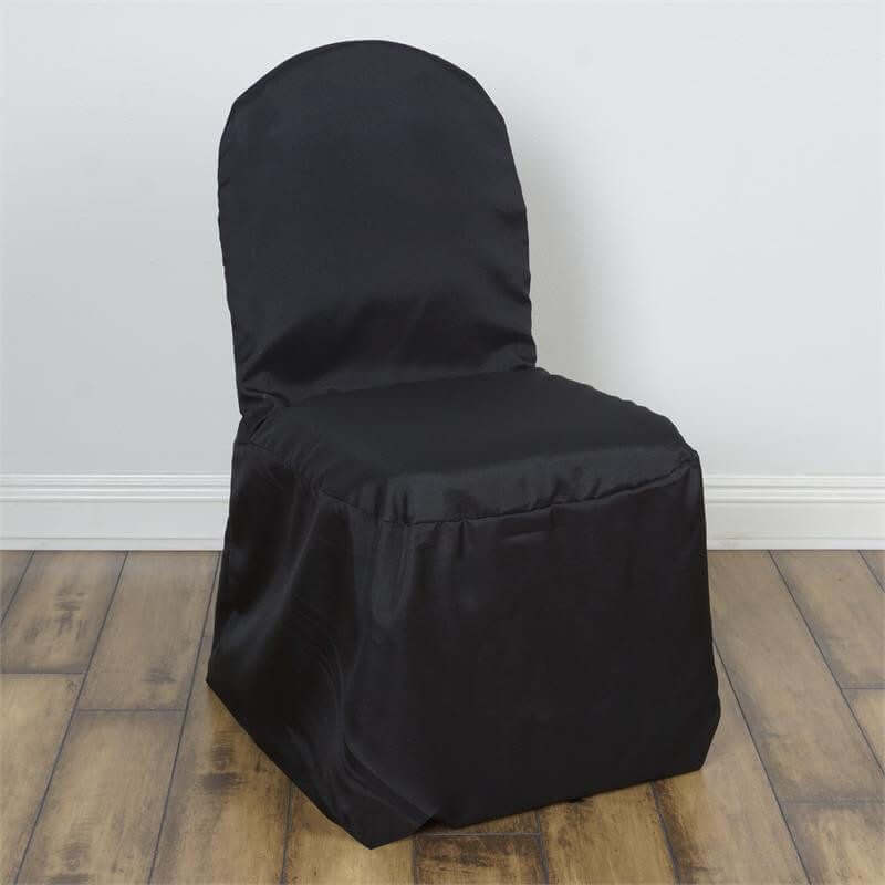 Black Polyester Banquet Chair Cover, Reusable Stain Resistant Slip On Chair Cover