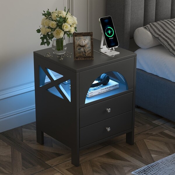 Modern 2 Drawers Nightstand with USB Charging Ports and LED Lights - - 37388176