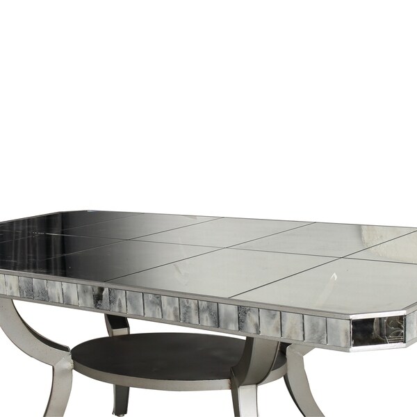 Wooden Rectangular Dining Table with Mirror Insets， Silver and Clear