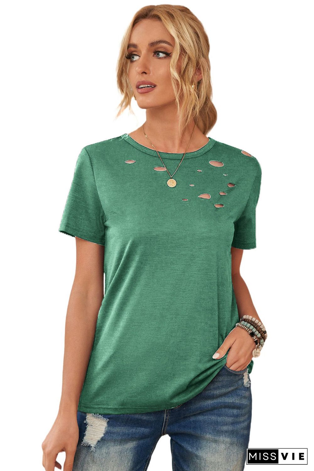 Green Holes Crew Neck Cotton Mixed T-shirt