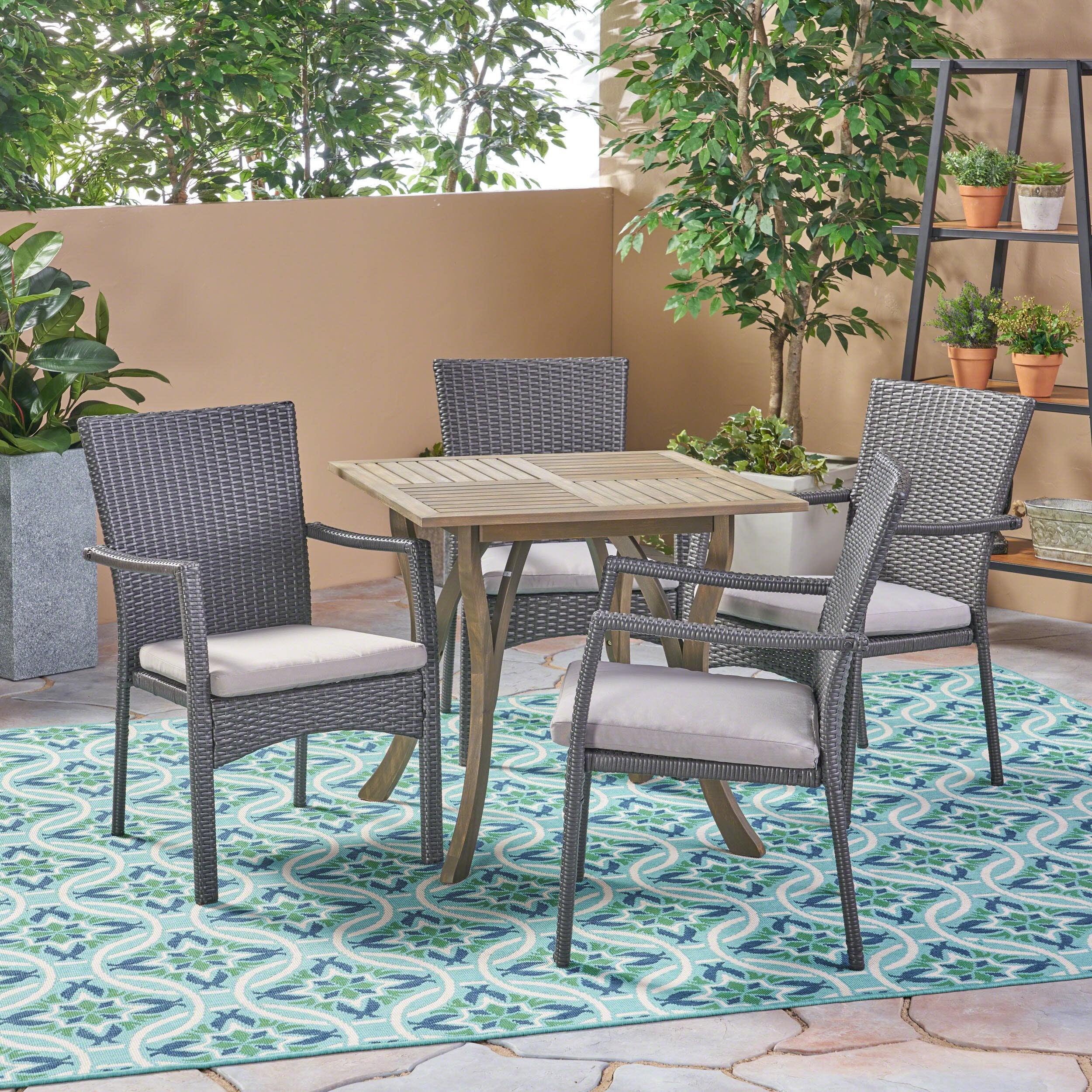 Alva Outdoor 5 Piece Acacia Wood/ Wicker Dining Set with Cushions