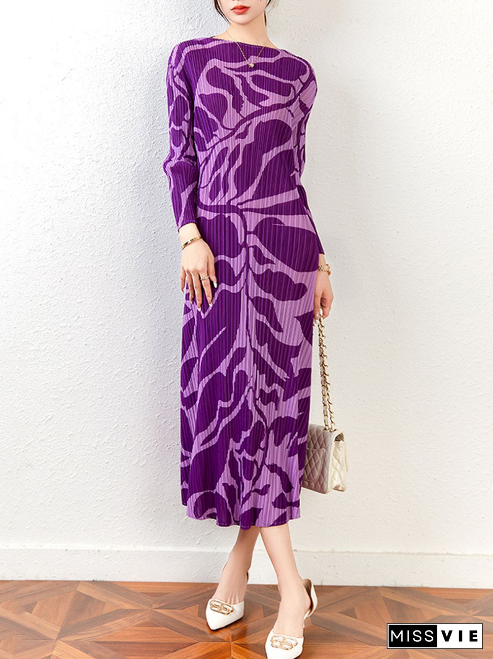 Fashion Floral Printed Pleated Long Sleeves Midi Dress