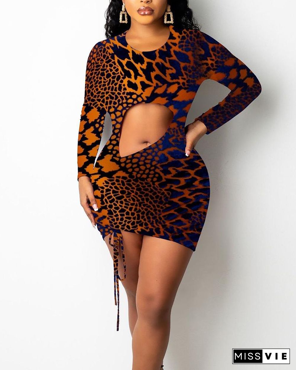 Leopard Print Cut-Out Drawstring Ruched Bodycon Dress