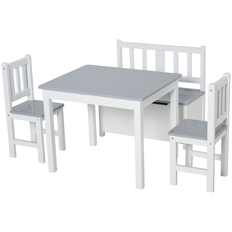 Qaba 4 Piece Kids Table Set with 2 Wooden Chairs 1 Storage Bench and Interesting Modern Design Natural/White